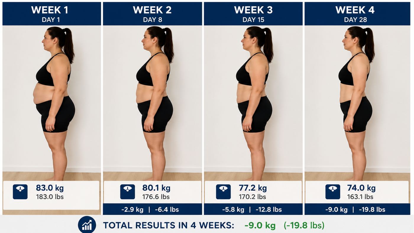 Retatrutide before and after: 4 weeks of treatment, −9.0 kg (−19.8 lbs) weight loss (83.0 kg to 74.0 kg)